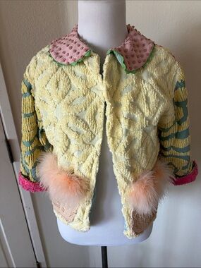 Marilyn Wolf design vintage Pastel Yellow Textured Kids Jacket with Pink Collar